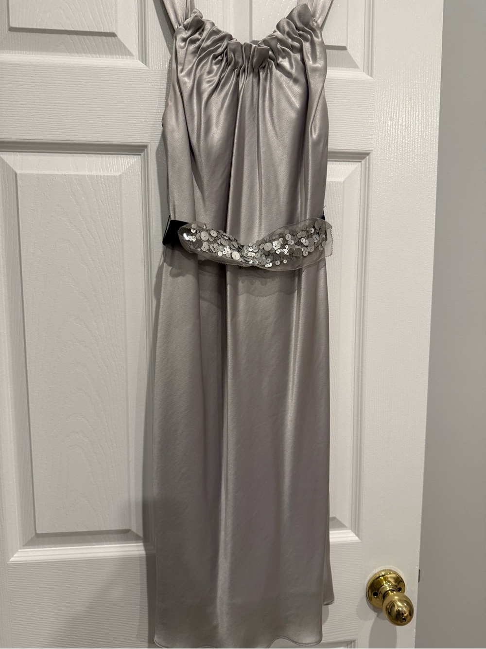 Vera Wang Lavendar Label Silver Satin Evening Dress with Sequined belt